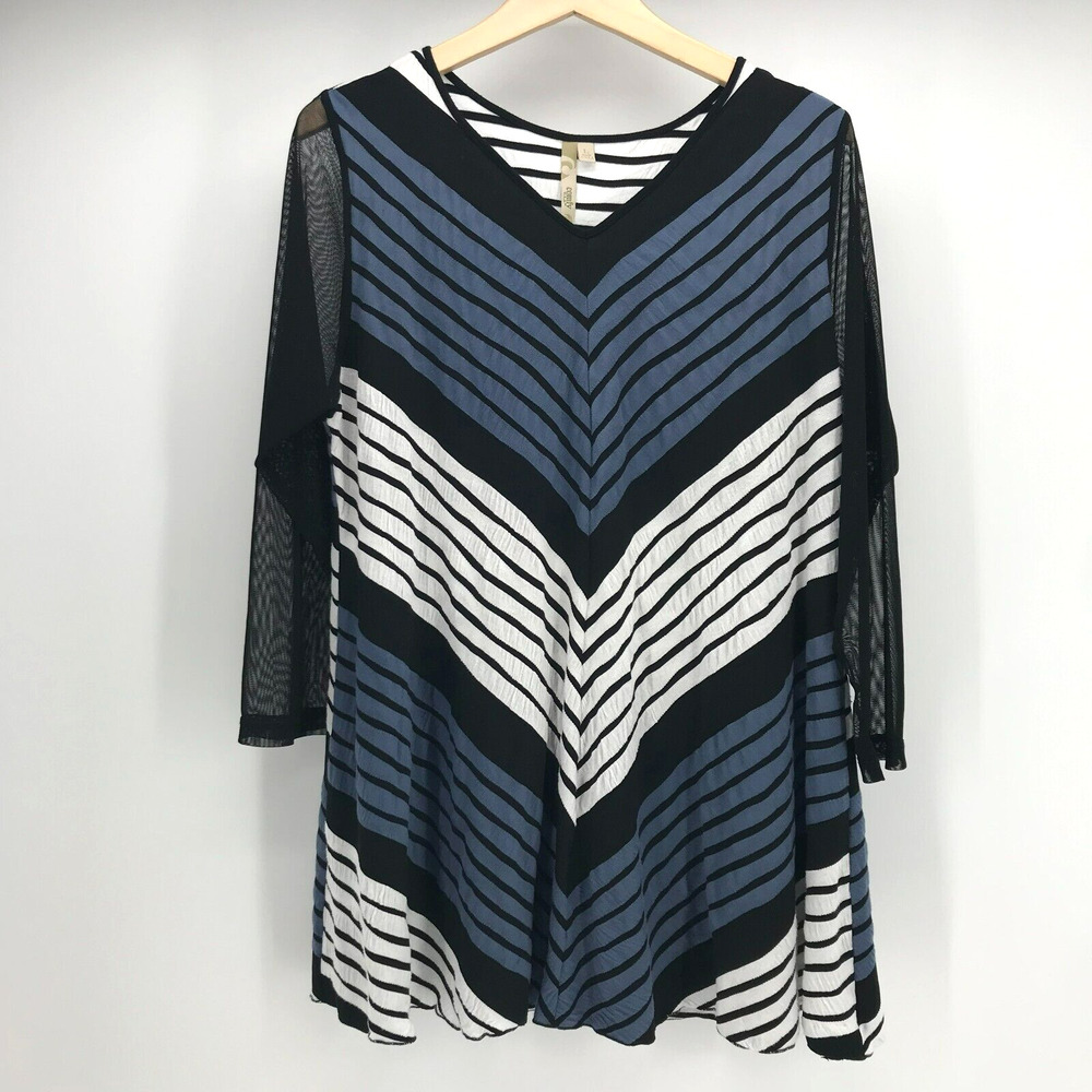 Comfy USA Top Womens Large Black Blue White Chevron Textured 3/4 Mesh Sleeve
